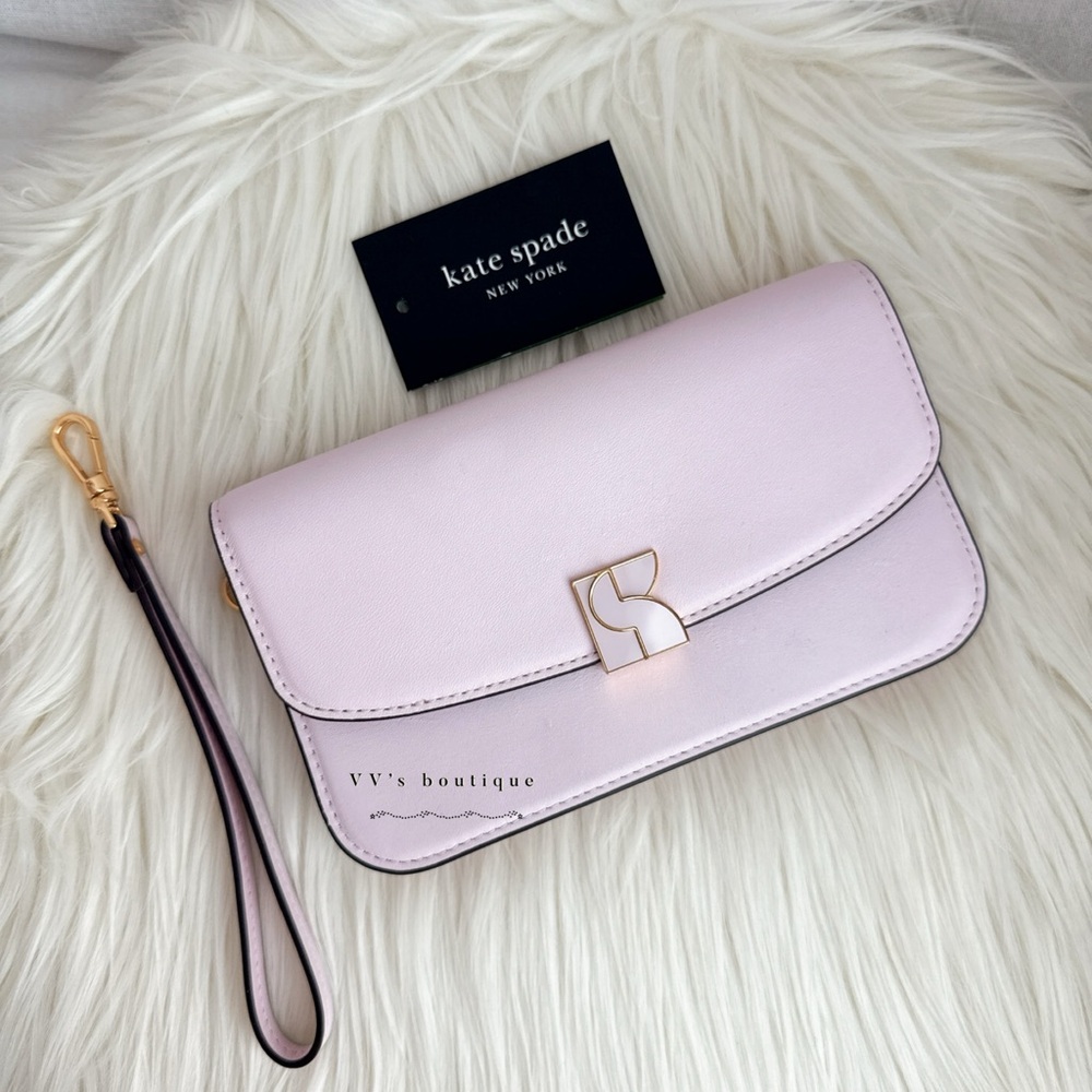 NWT Kate Spade Dakota Flap Smooth Leather Wristlet Bag Shimmer Pink Lilac KD173